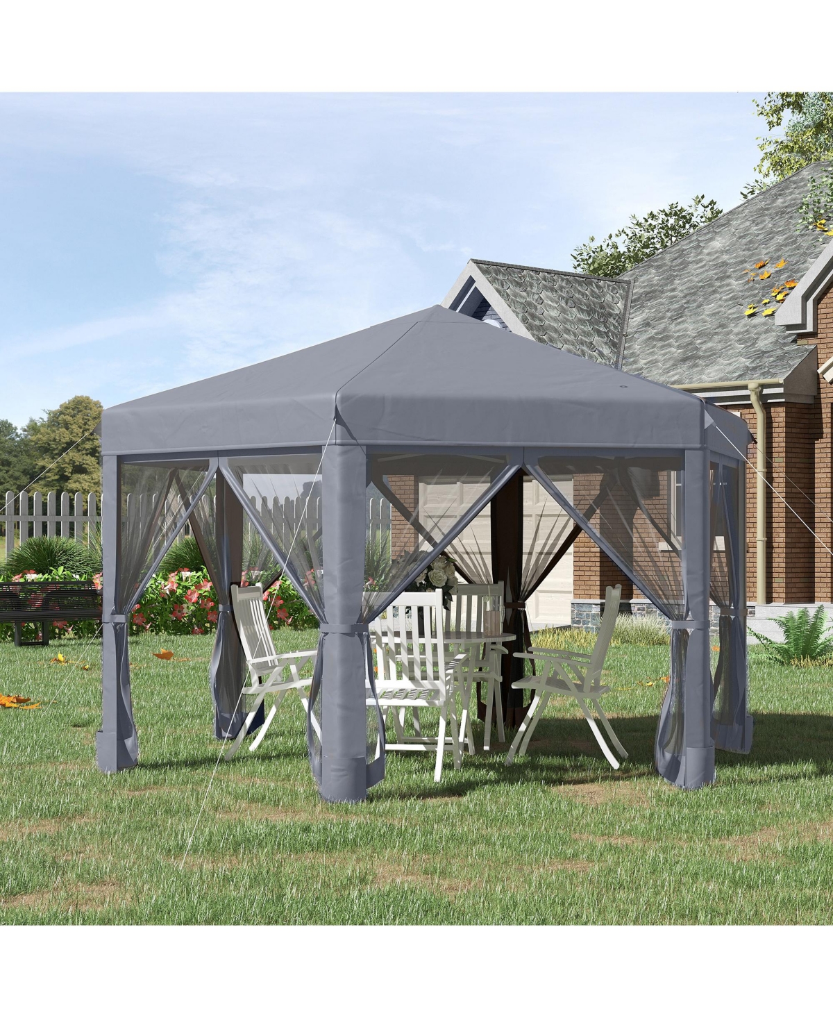 Outsunny 13' x 13' Heavy Duty Pop Up Canopy with Hexagonal Shape, 6 Mesh Sidewall Netting, 3-Level Adjustable Height and Strong Steel Frame, Grey - Da