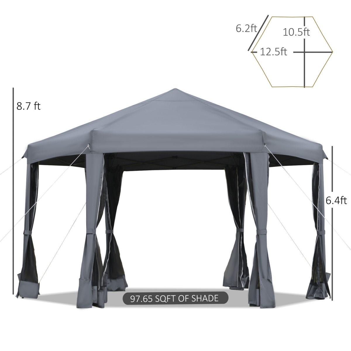 Outsunny 13' x 13' Heavy Duty Pop Up Canopy with Hexagonal Shape, 6 Mesh Sidewall Netting, 3-Level Adjustable Height and Strong Steel Frame, Grey - Da