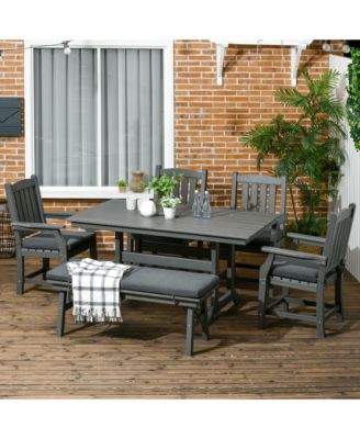 6 Pieces Patio Dining Set, 6 Seater Outdoor Table and Chairs, Conversation Furniture, Armrests, Loveseat Bench, Dinner Table with Umbrella Hole, Cushions, Dark Gray