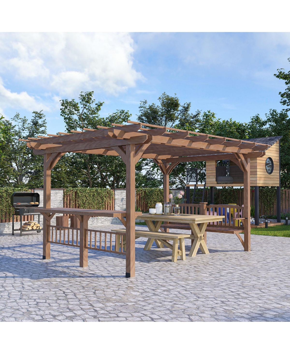 Outsunny Outdoor Pergola, Wooden Grill Gazebo with Bar Counters and Seating Benches, for Garden, Patio, Backyard, Deck