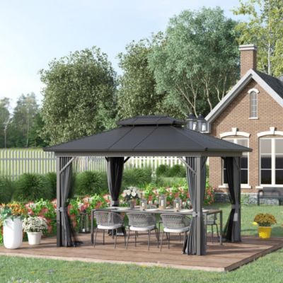 10' x 12' Metal Roof Hardtop Gazebo w/ Curtains & Netting,