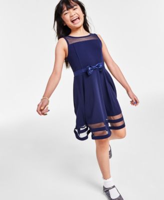 Calvin Klein Big Girls Illusion Mesh Bow Front Dress - Navy - Size 12