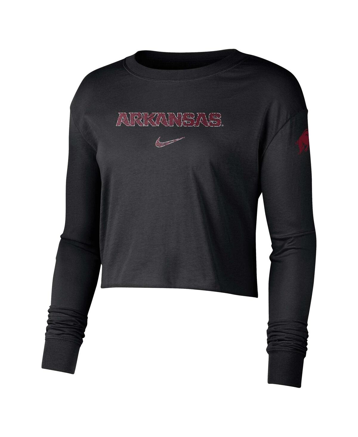 Shop Nike Women's  Black Arkansas Razorbacks 2-hit Cropped Long Sleeve Logo T-shirt