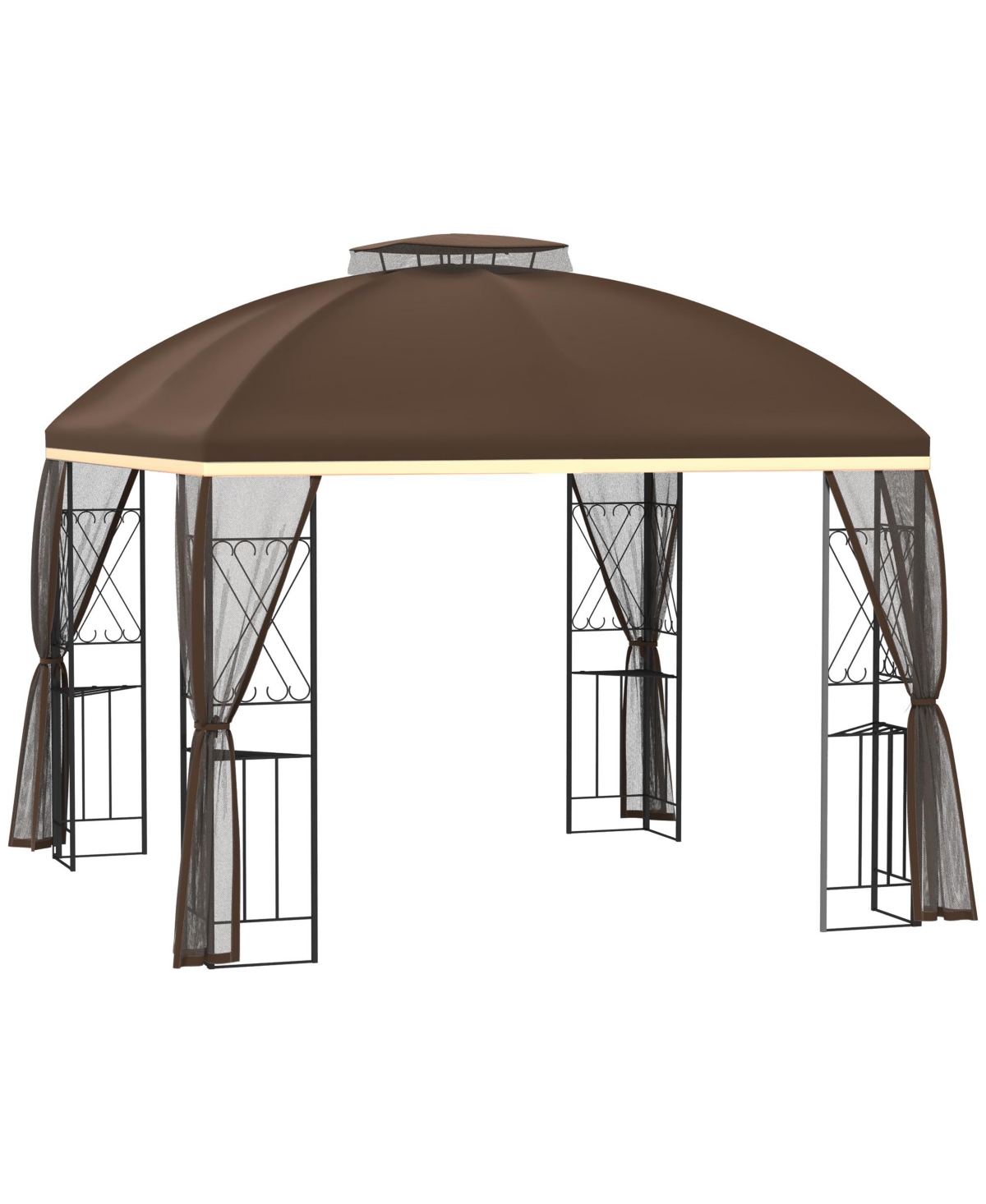 10' x 10' Patio Gazebo, Double Roof Outdoor Gazebo Canopy Shelter with Removable Mesh Netting, Display Shelves, Brown - Brown