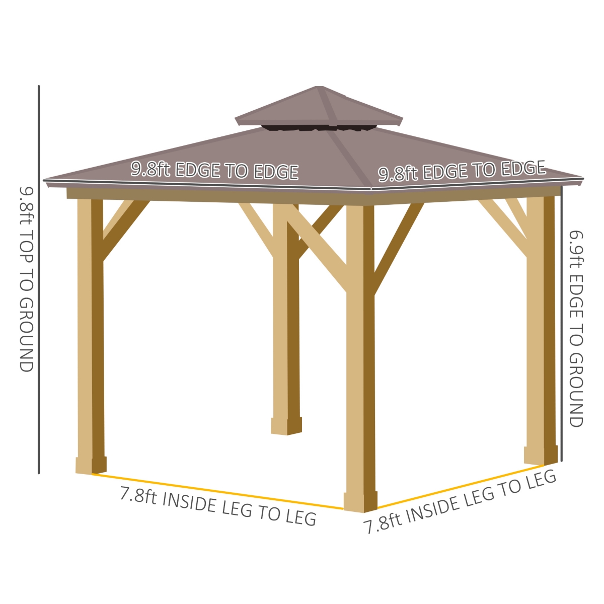 Outsunny 10x10 Hardtop Gazebo with Wooden Frame, Permanent Metal Roof Gazebo Canopy with Ceiling Light Hook for Garden, Patio, Backyard,- Brown