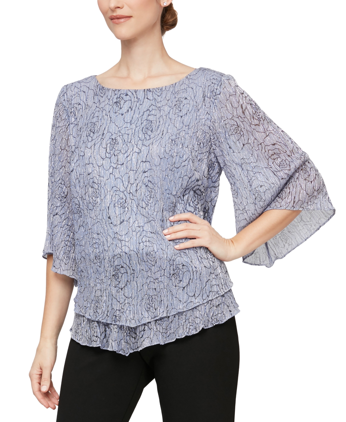 Alex Evenings Women's Printed Metallic Knit Tiered Pointed-hem Blouse In Lavender