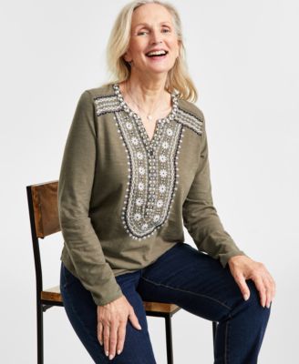 Style & Co - Petite Cotton Embroidered Long-Sleeve Top