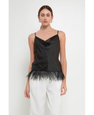 Women's Satin Cowl Neck Top with Feather