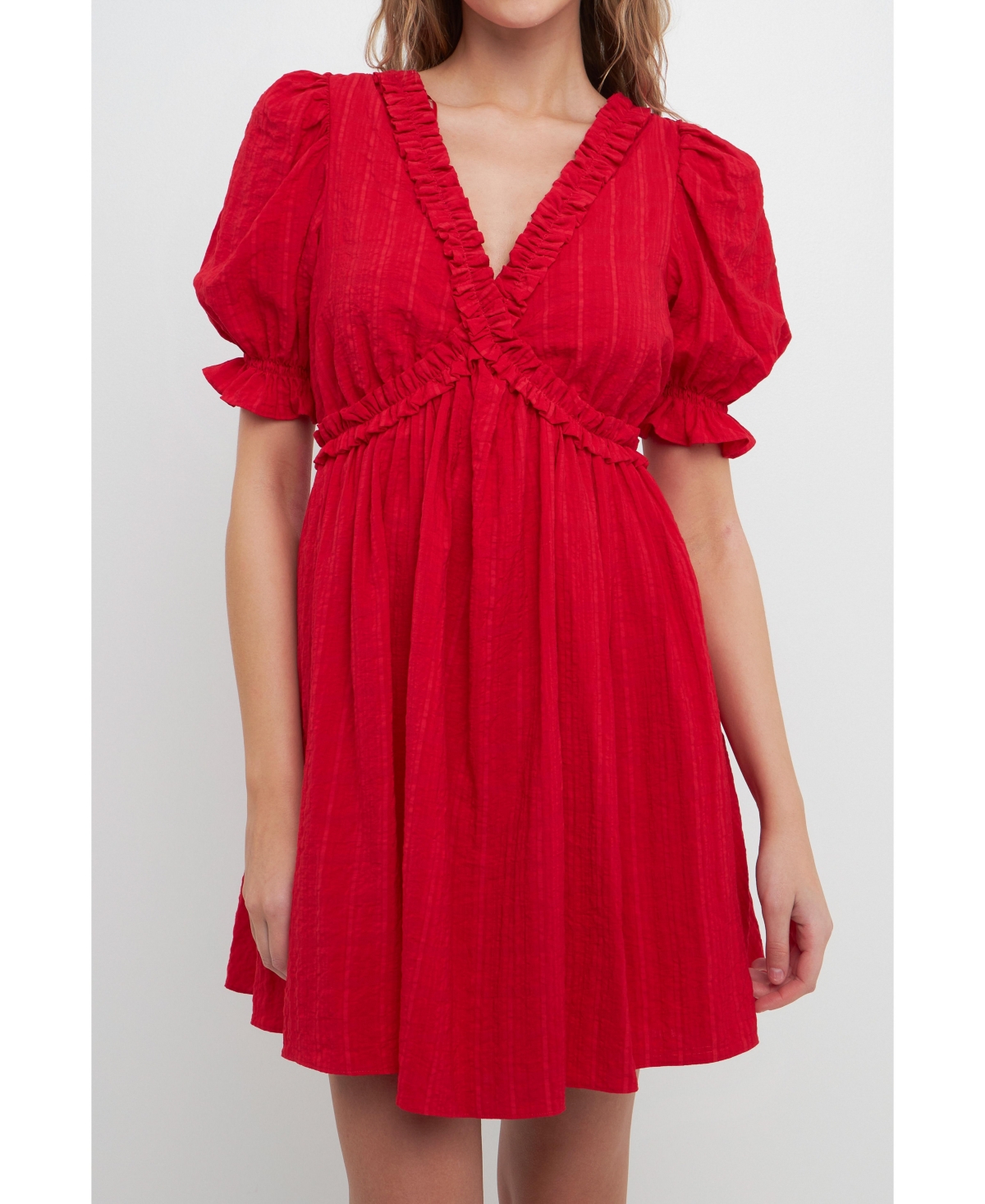 Women's Double Ruffled Band Mini Puff Sleeve Dress - Red