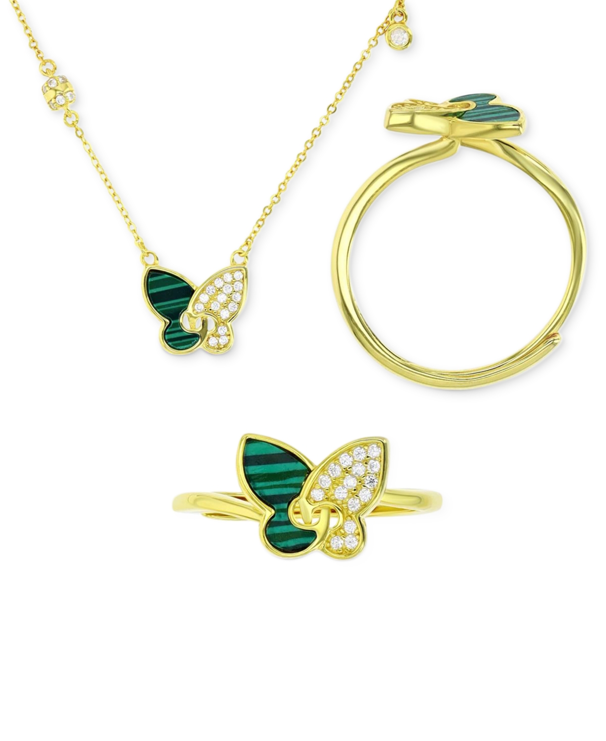 Macy's 2-pc. Set Lab-grown Malachite & Cubic Zirconia Butterfly Pendant Necklace & Matching Ring In 14k Gol