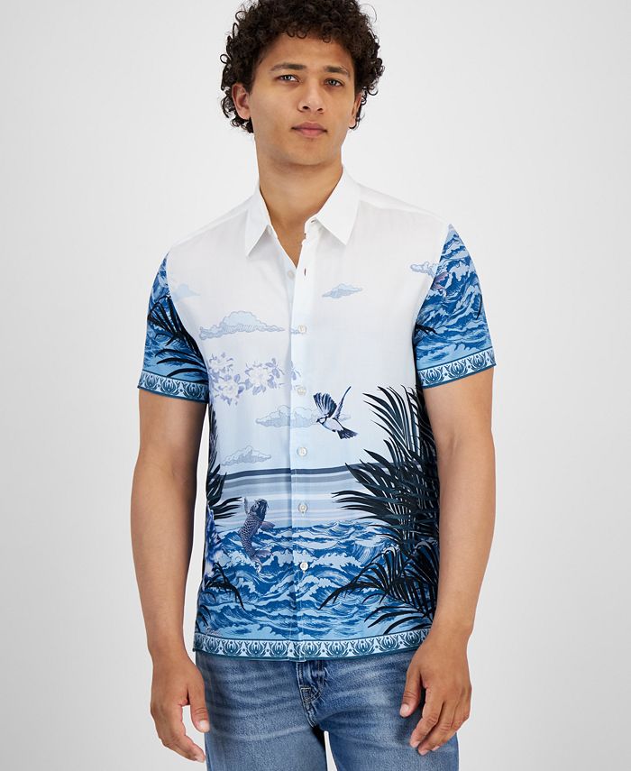GUESS Men s Blue Lagoon Short Sleeve Button Front Shirt Macy s