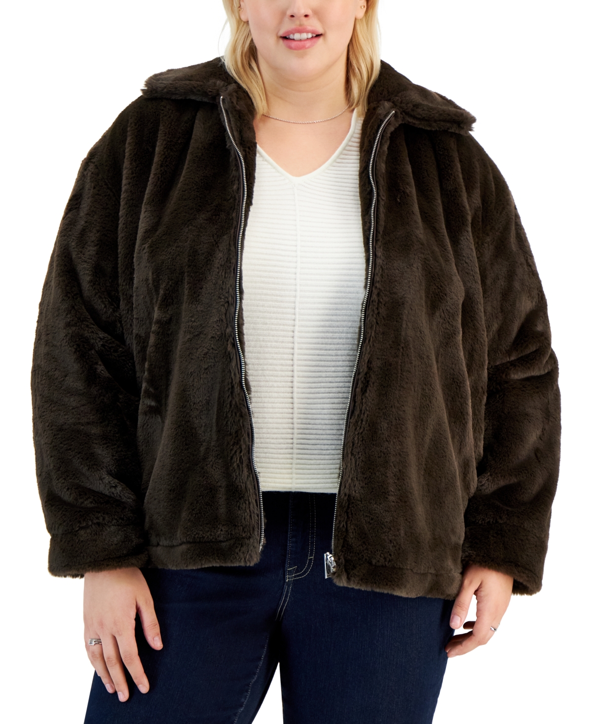 Juniors' Trendy Plus Size Faux-Fur Coat, Created for Macy's - Chocolate