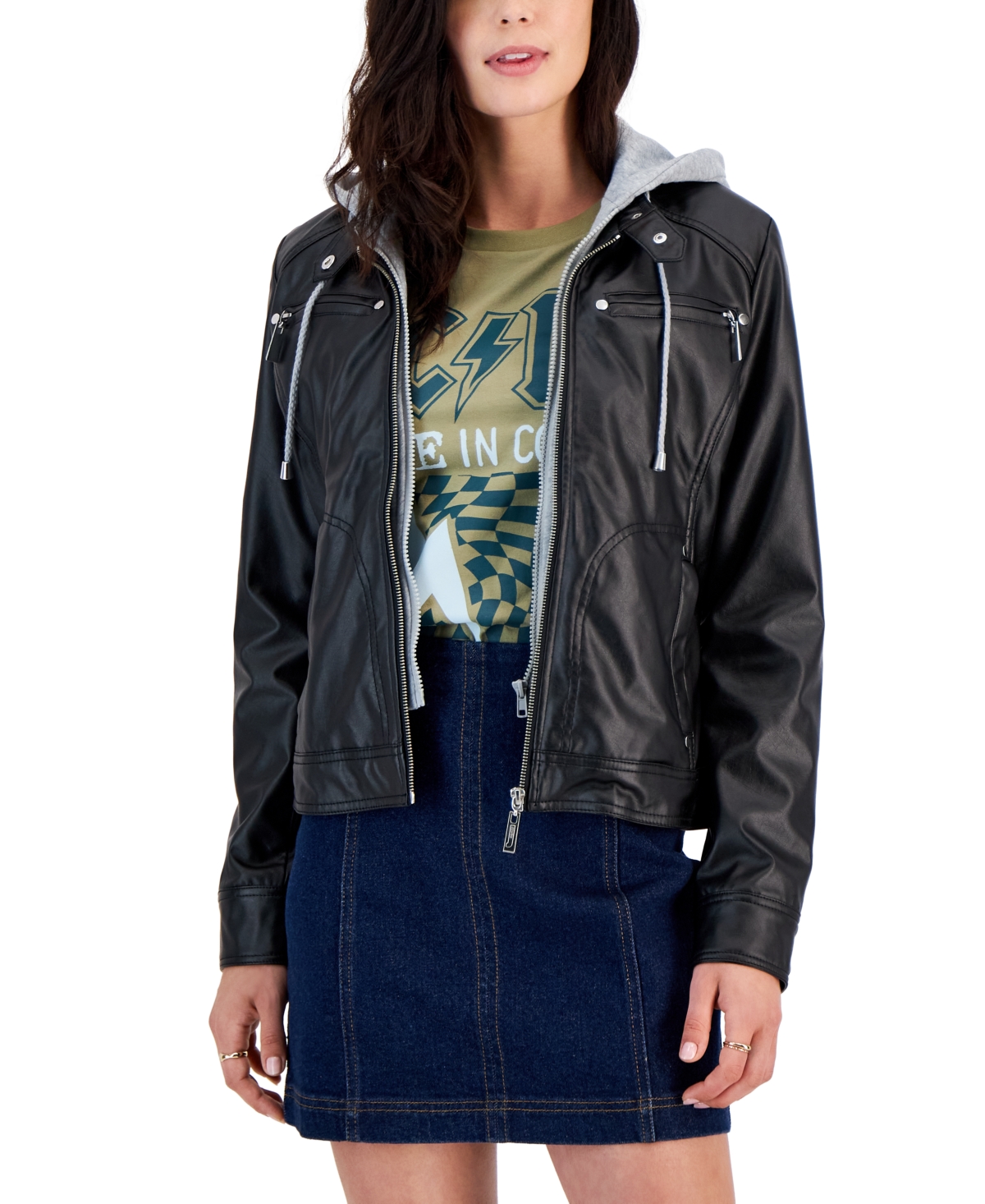 Jou Jou Juniors' Faux-leather Hooded Moto Jacket, Created For Macy's In Black