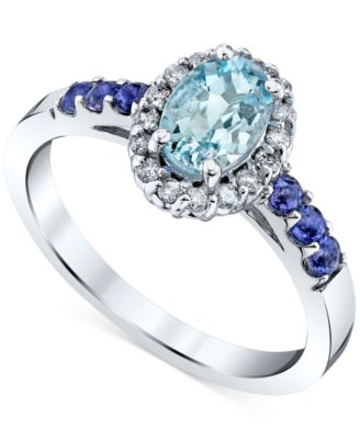 Macy's - Aquamarine (3/4 ct. t.w.), Iolite (1/3 ct. t.w.), & Diamond (1/6 ct. t.w.) Halo Ring in 14k White Gold