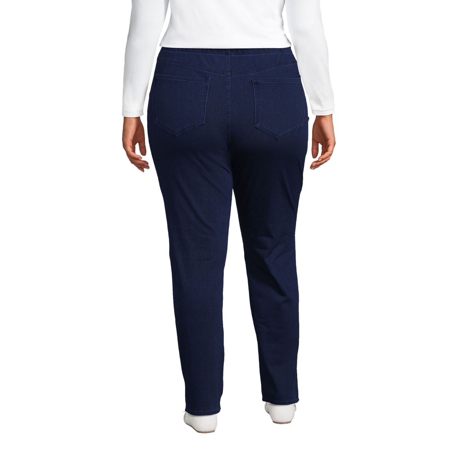 Женские джинсы Lands' End Plus Size Starfish Mid Rise Knit Denim Straight, цвет: Тёмный индиго — фото 4