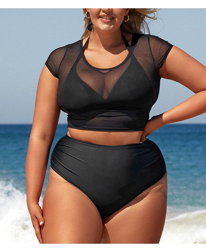 CUPSHE Plus Size Night Blossom Mesh Top Triangle & High Waist Bikini