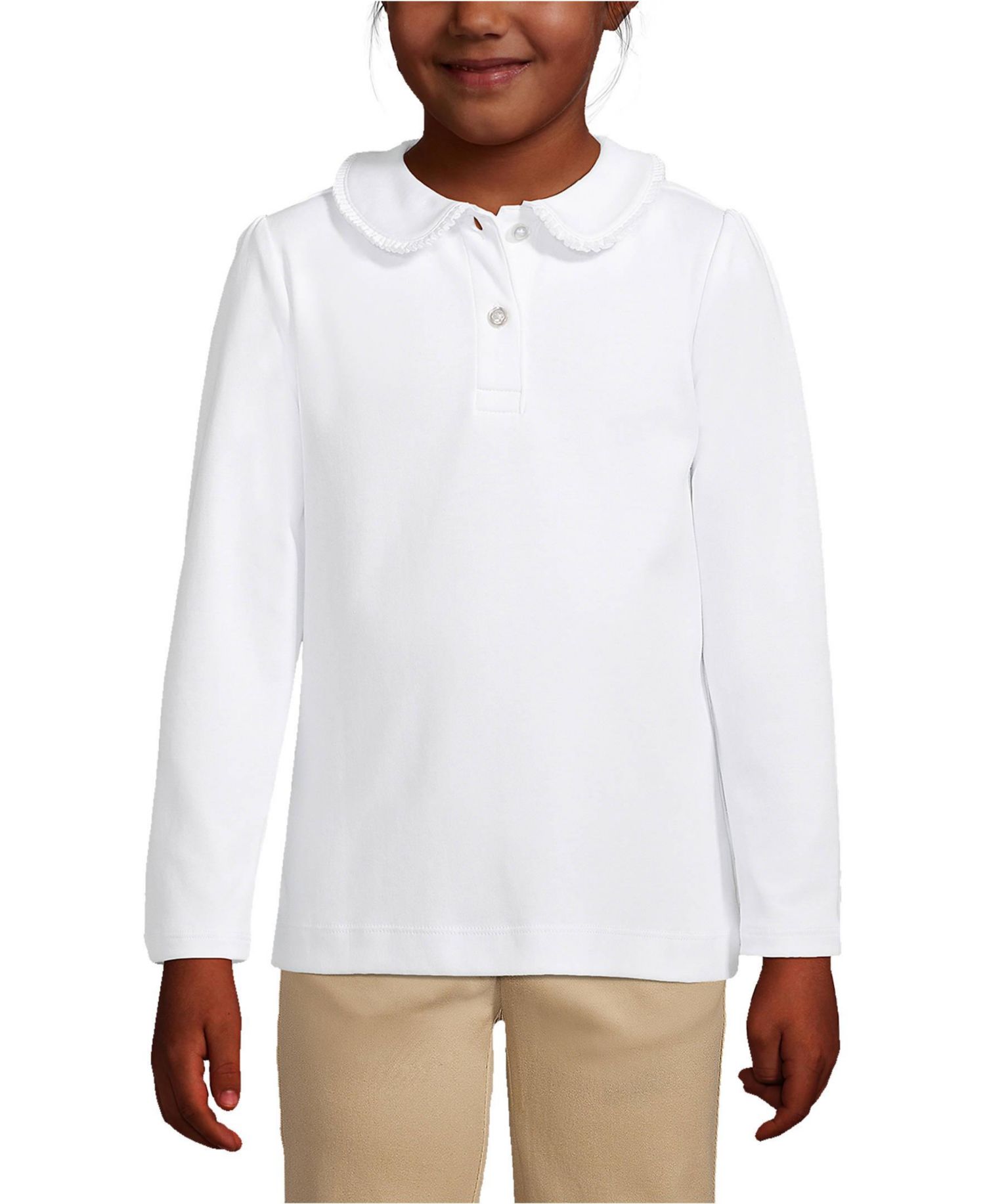 School Uniform Girls Long Sleeve Ruffled Peter Pan Collar Polo Knit Shirt