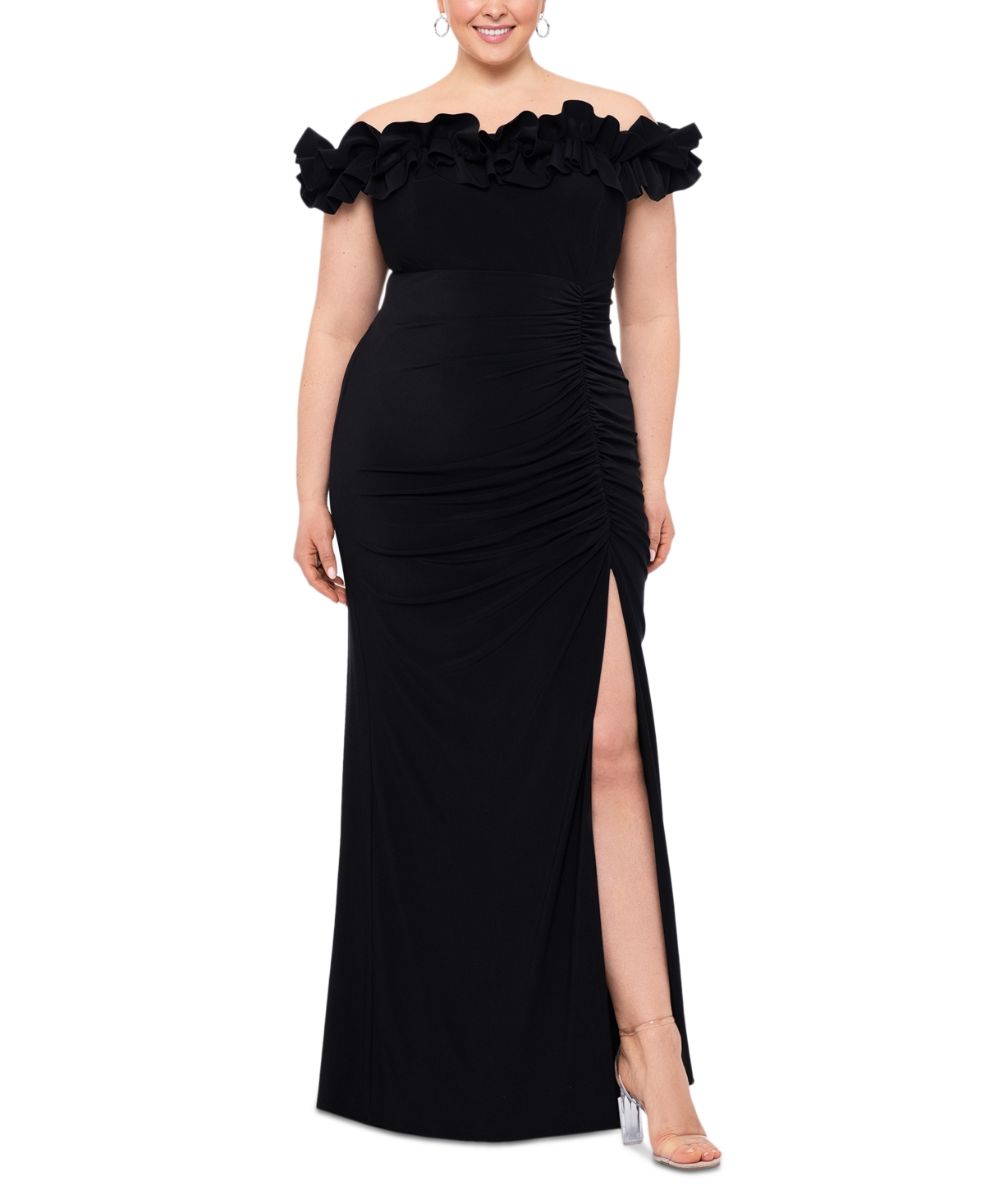 Xscape Plus Size Ruffled Off-the-shoulder Long Sheath Dress In Black
