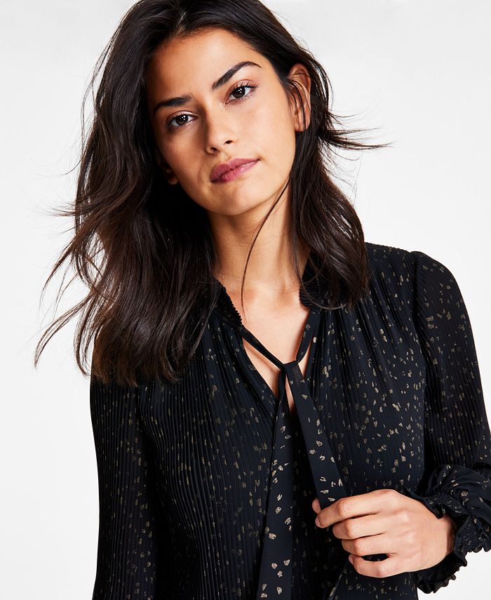 dkny long sleeve tie neck pleated shift dress