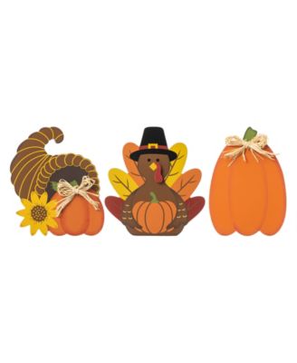 7" H Set of 3 Thanksgiving Wooden Pumpkin, Turkey Cornucopia Table D&eacute;cor