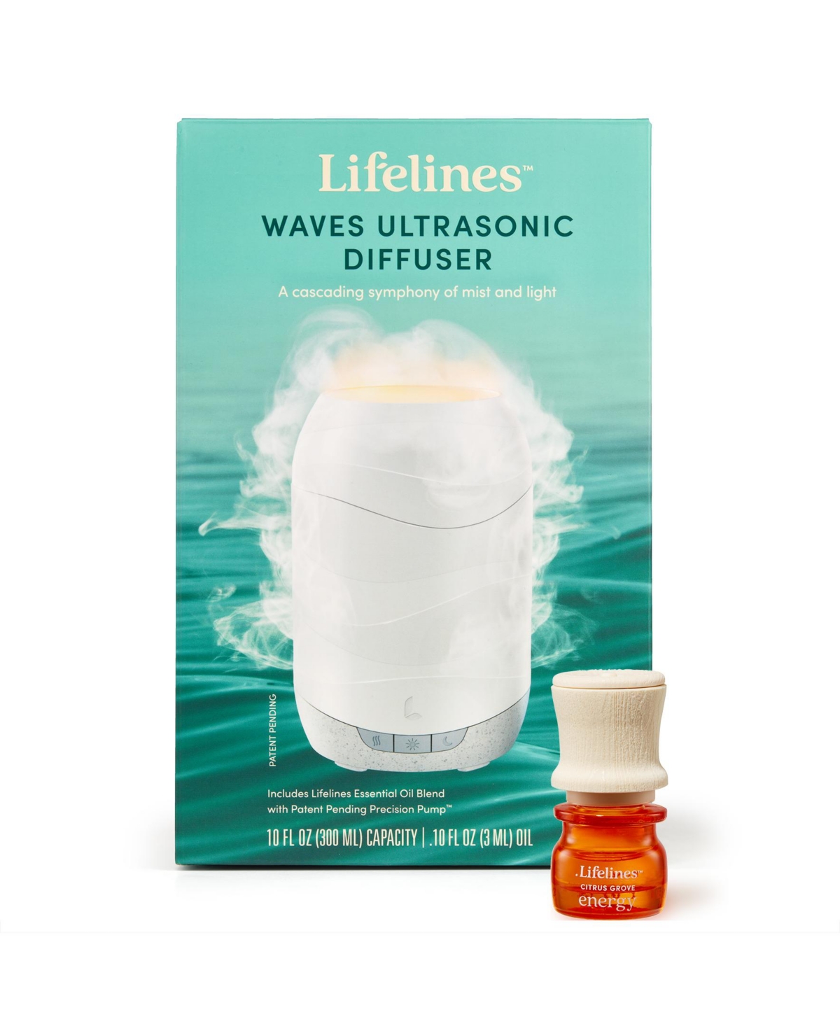 "Waves" Ultrasonic Diffuser (300 Milliliter) - Cascading Mist and Light plus Essential Oil Blend - White