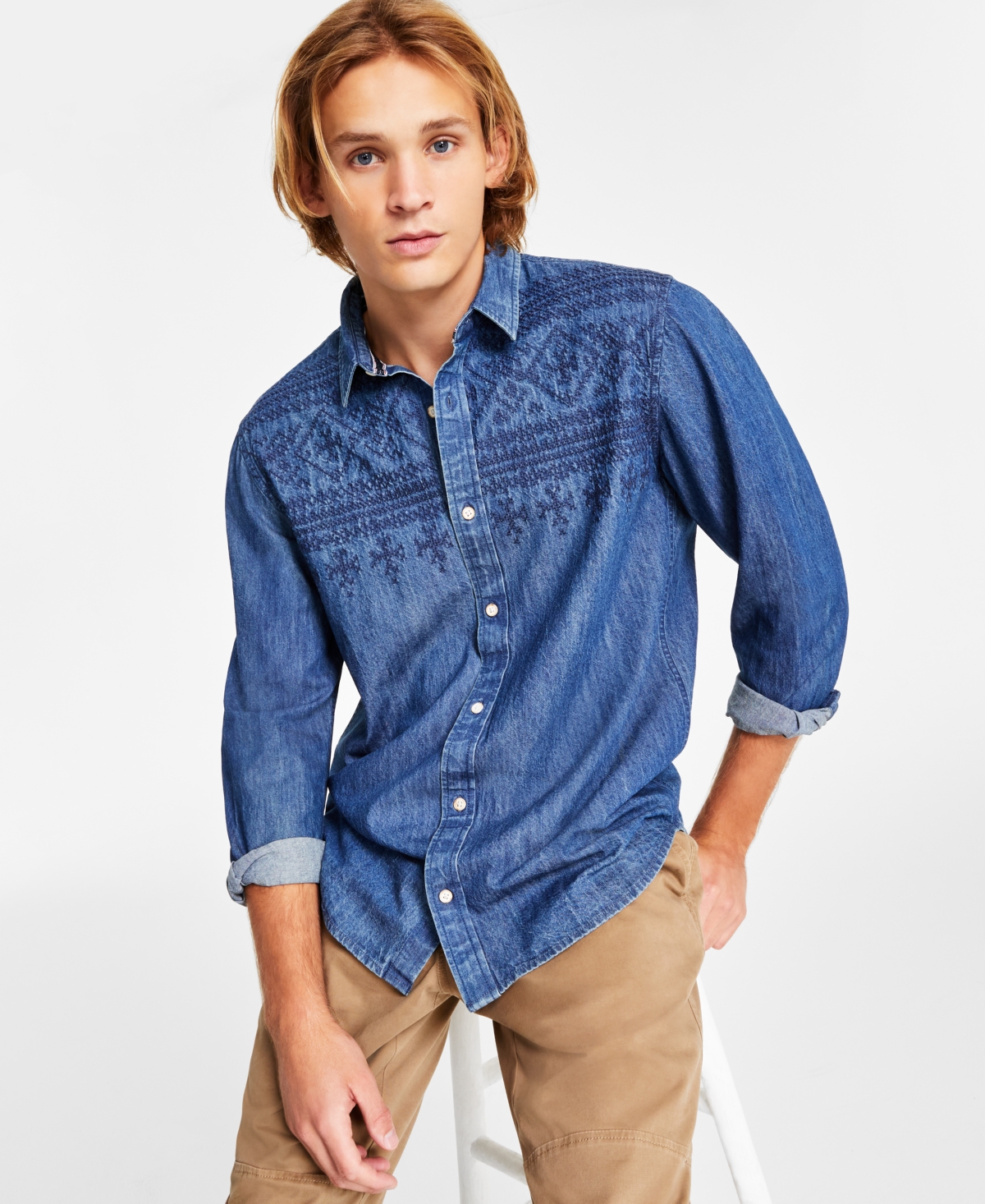 Sun + Stone Men's Chase Regular-fit Geo Embroidered Button-down Shirt, Created For Macy's In Medium Blue Wash