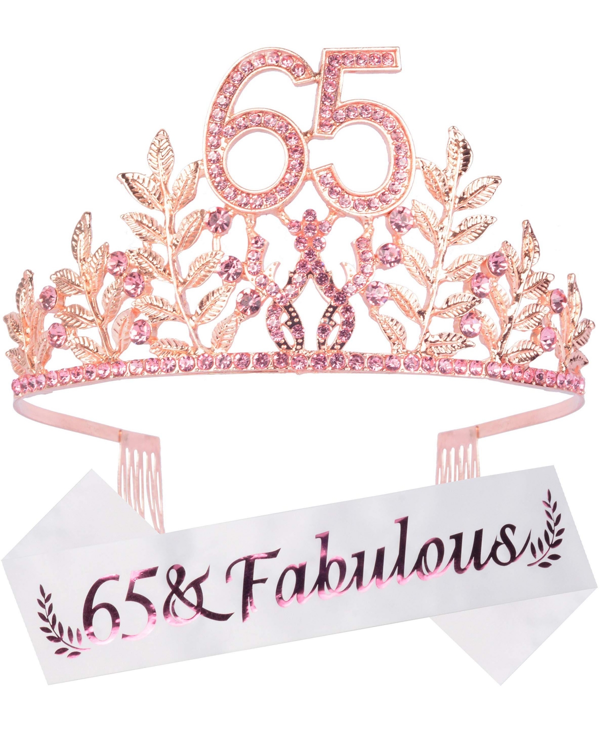 65th Birthday Sash and Tiara for Women - Fabulous Glitter Sash + Leafs Rhinestone Pink Premium Metal Tiara for Her, 65th Birthday Gifts for 65 Party -