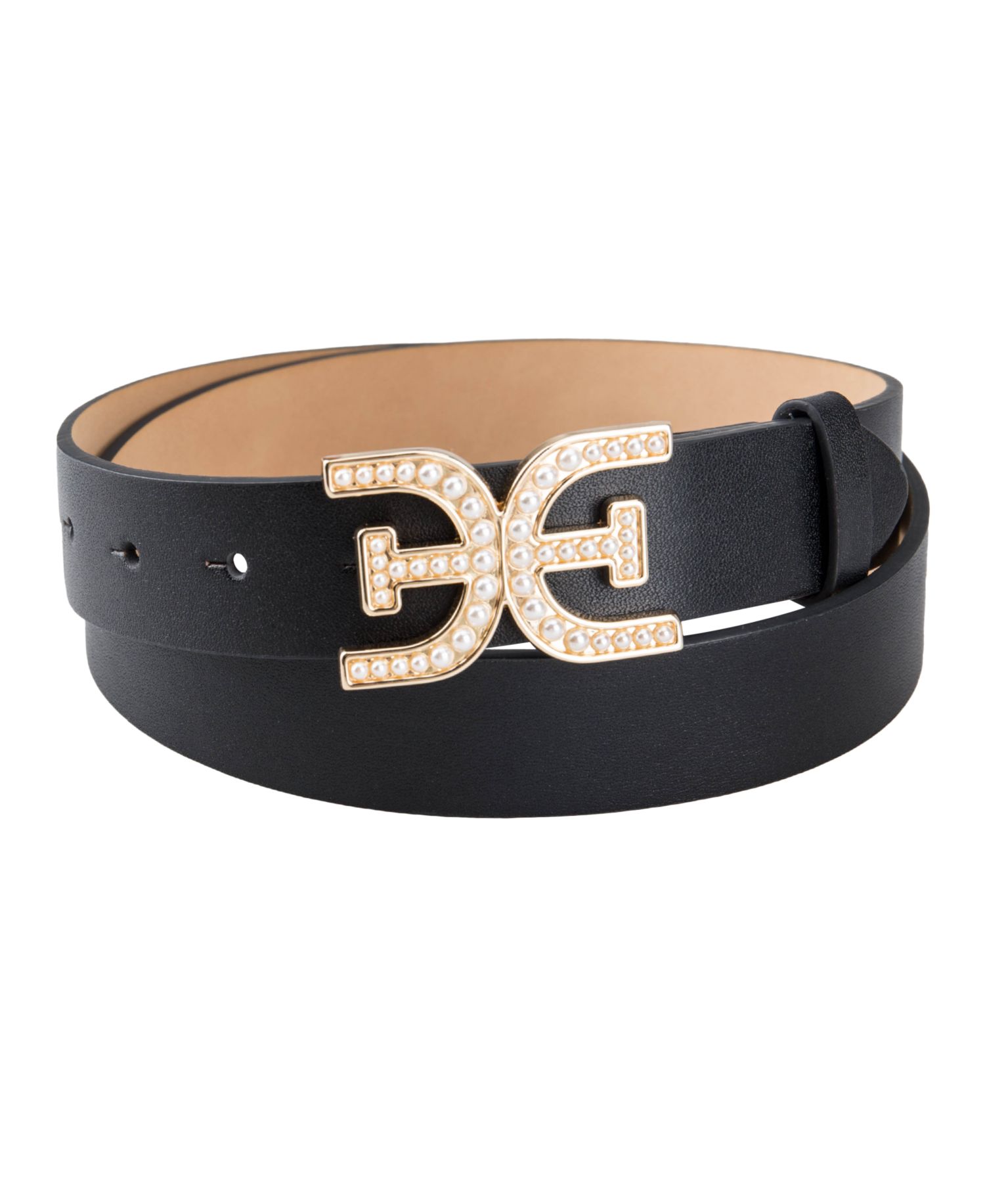 Women's Imitated Pearl Embellished Double-E Plaque Buckle Belt