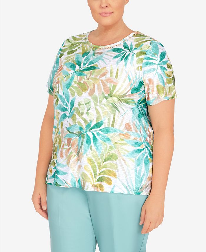 Alfred Dunner Plus Size Coconut Grove Tropical Leaves Short Sleeve Top ...
