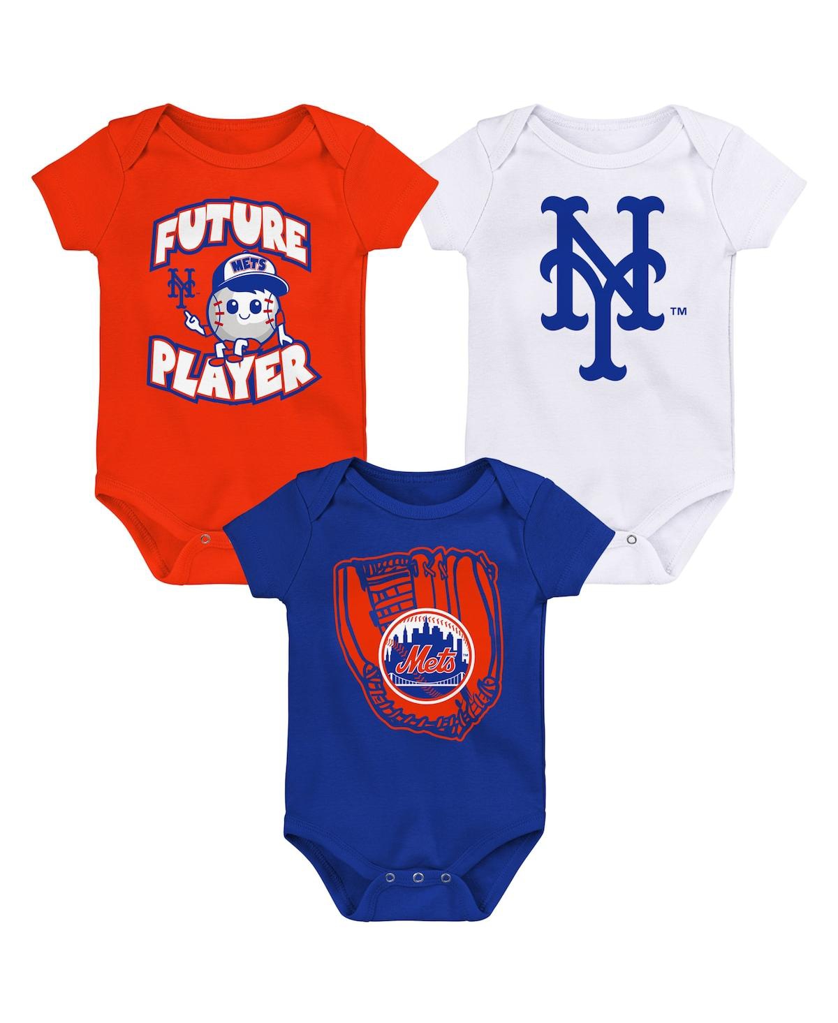 OUTERSTUFF NEWBORN AND INFANT BOYS AND GIRLS ORANGE, ROYAL, WHITE NEW YORK METS MINOR LEAGUE PLAYER THREE-PACK 
