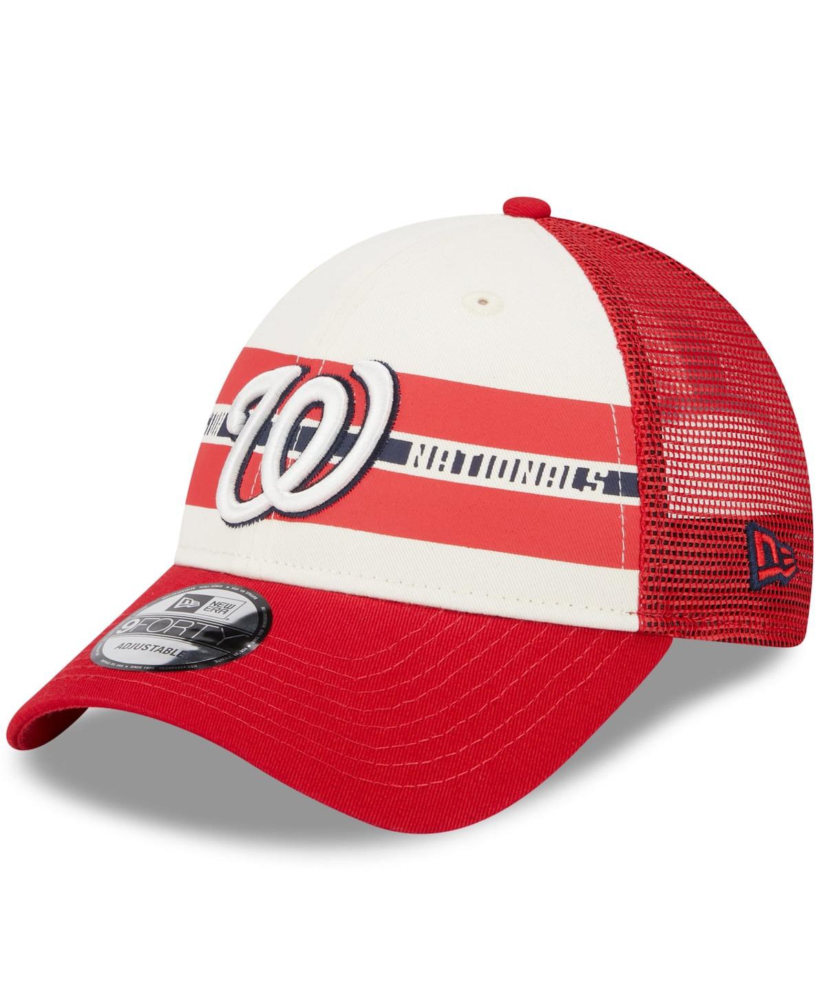 New Era Men's  White, Red Washington Nationals Team Stripe Trucker 9forty Snapback Hat In White,red