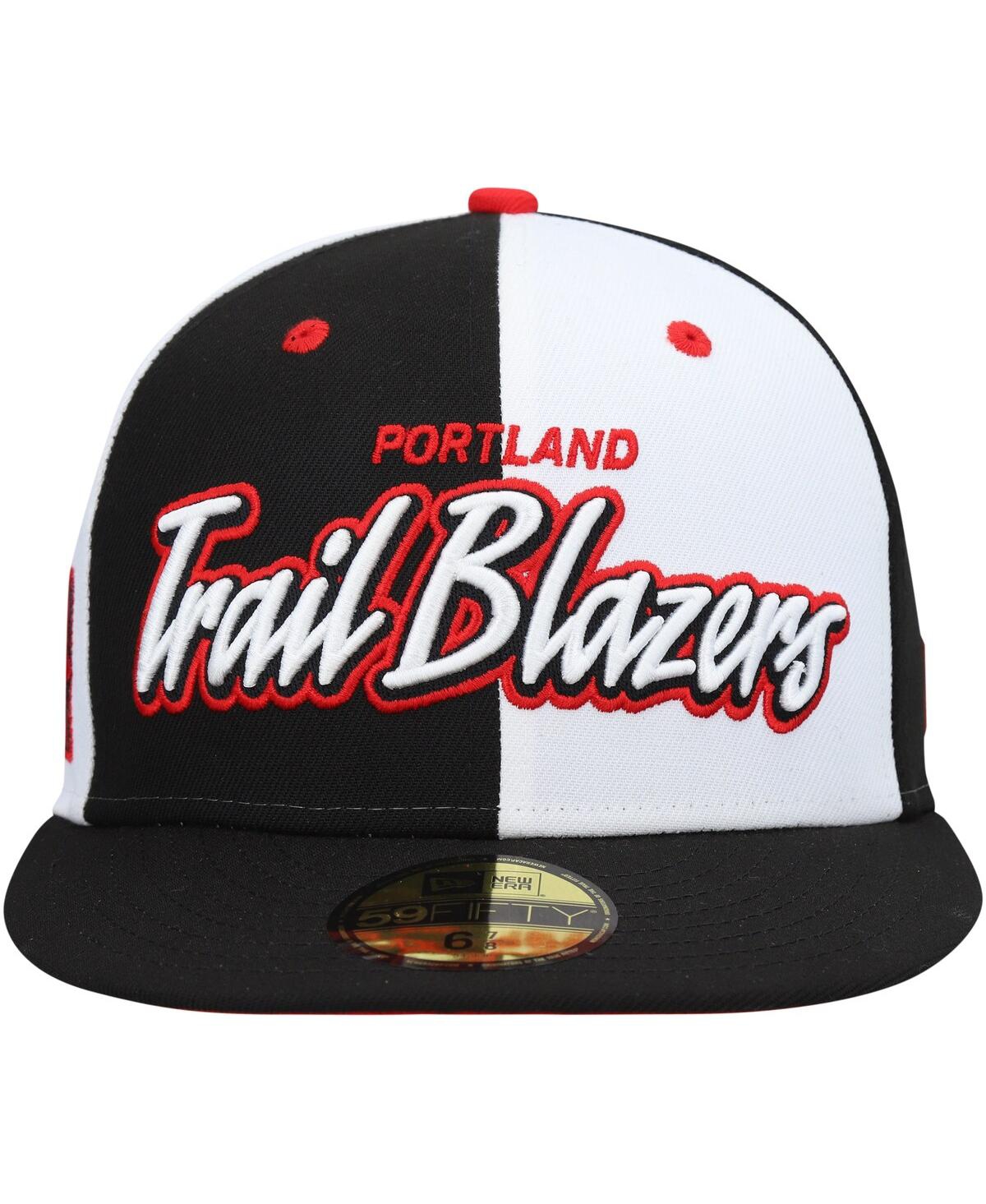 Shop New Era Men's  Black, White Portland Trail Blazers Script Pinwheel 59fifty Fitted Hat In Black,white