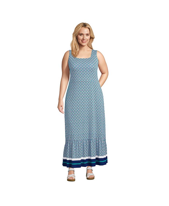 Lands' End Plus Size Cotton Modal Square Neck Tiered Maxi Dress Macy's