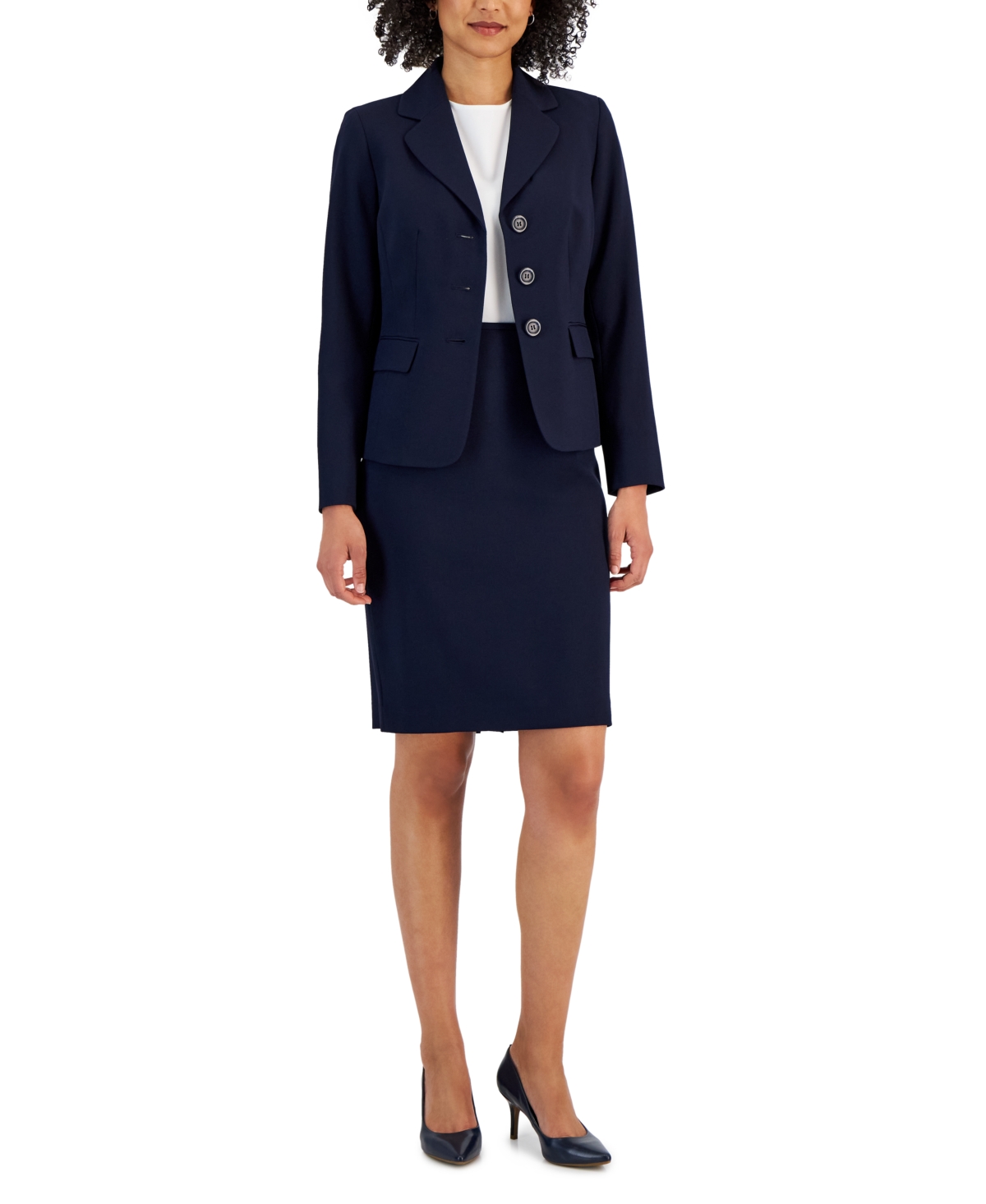 Le Suit Women's Notch-collar Three-button Skirt Suit In Navy