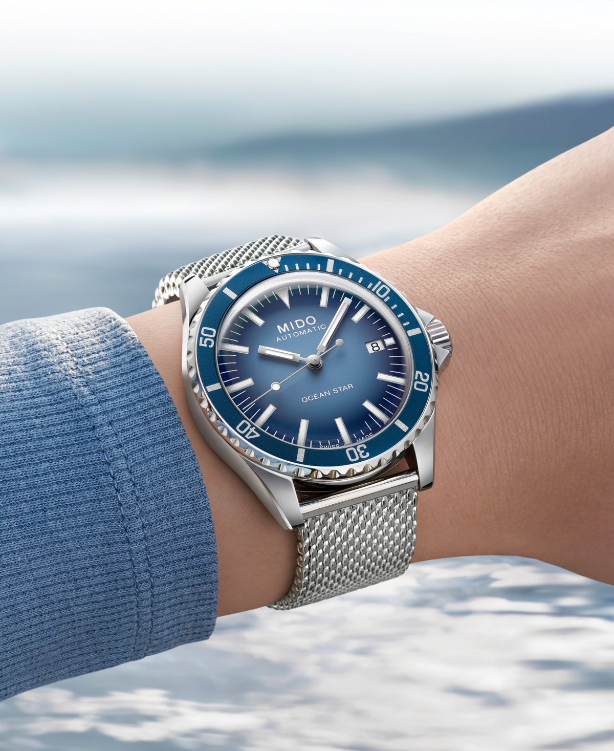 Shop Mido Unisex Swiss Automatic Ocean Star Tribute Stainless Steel Mesh Bracelet Watch 41mm In Blue