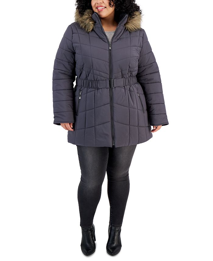Maralyn Me Juniors Plus Size Belted Faux Fur Hooded Puffer Coat