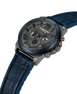 Men's Chronograph Dress Sport Blue Genuine Leather Watch 45mm