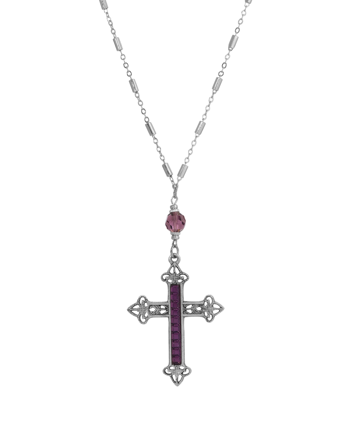 2028 Glass Crystal Cross Necklace 28" In Purple