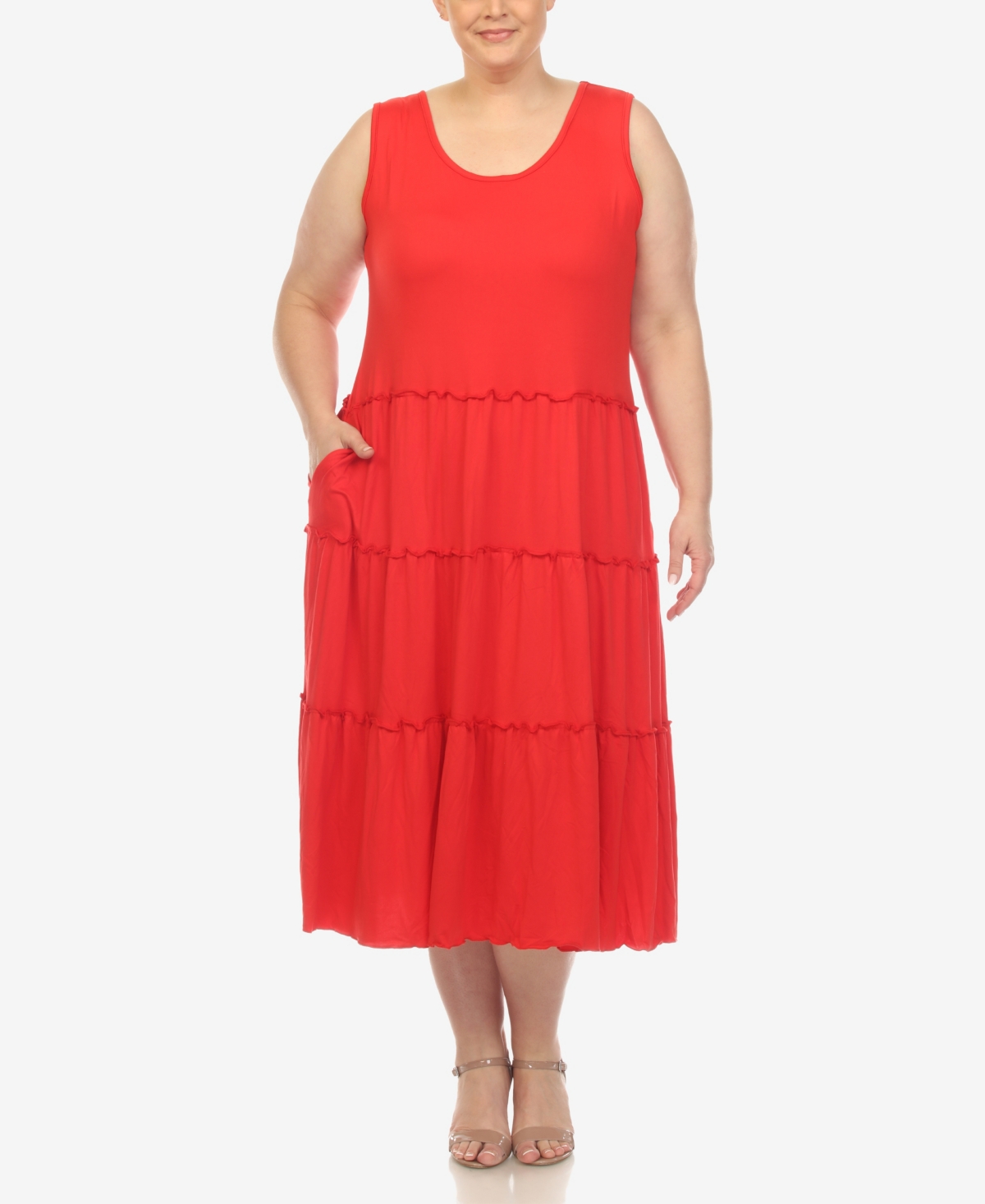 Shop White Mark Plus Size Scoop Neck Tiered Midi Dress In Ruby Red