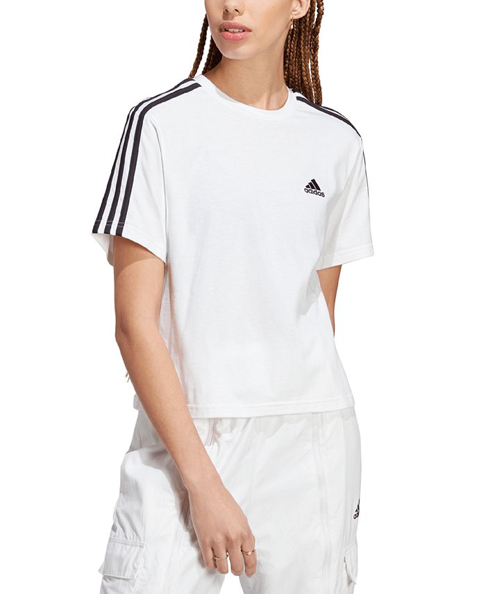 adidas Women\'s Single - Cotton Macy\'s Essentials 3-Stripes Jersey Top Crop