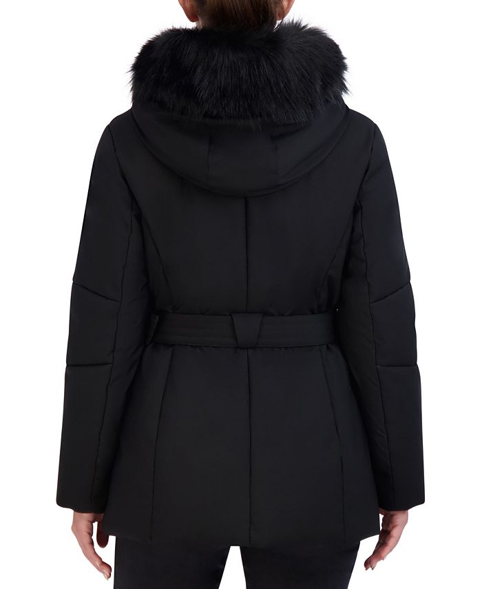 Cole Haan Womens Belted Faux Fur Trim Hooded Coat Black Size 12