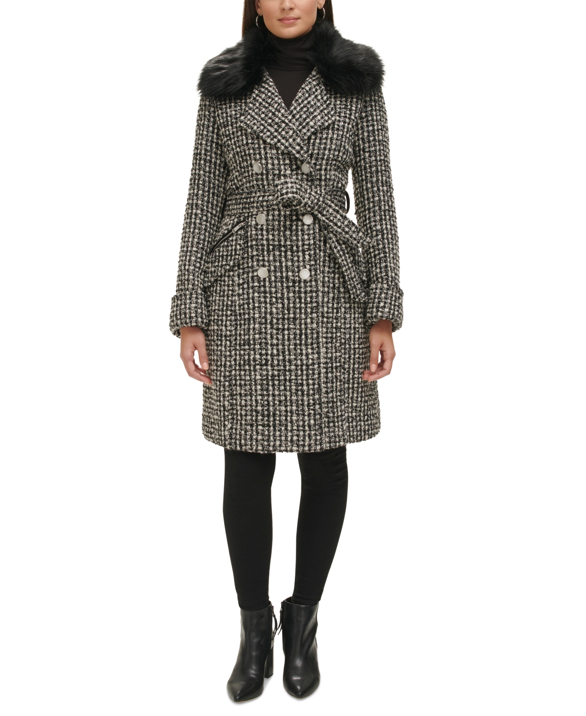 Guess Women s Double Breasted Faux Fur Collar Tweed Coat Smart Closet