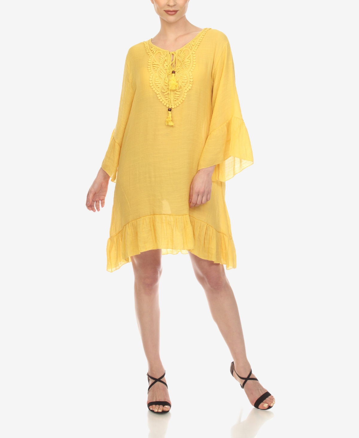 White Mark Women's Sheer Crochet Knee Length Cover Up Dress In Yellow