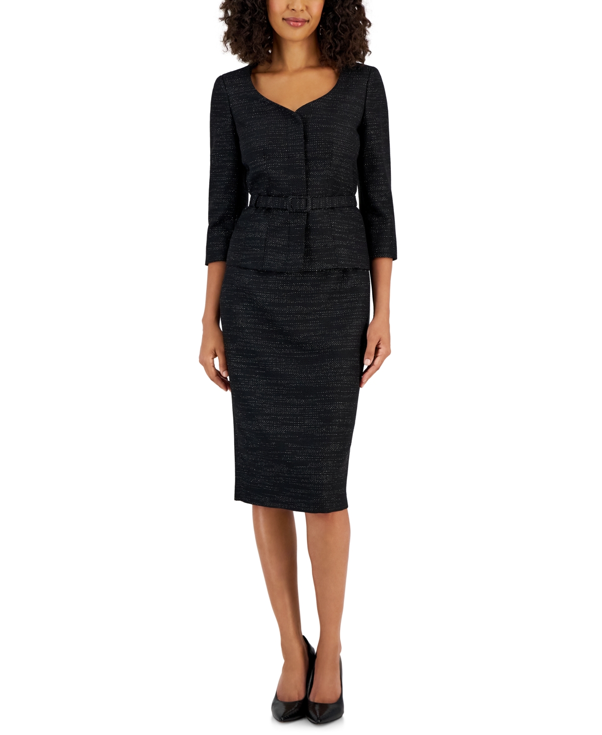 Le Suit Women's Metallic Tweed Belted Jacket & Pencil Skirt Suit In Black Multi