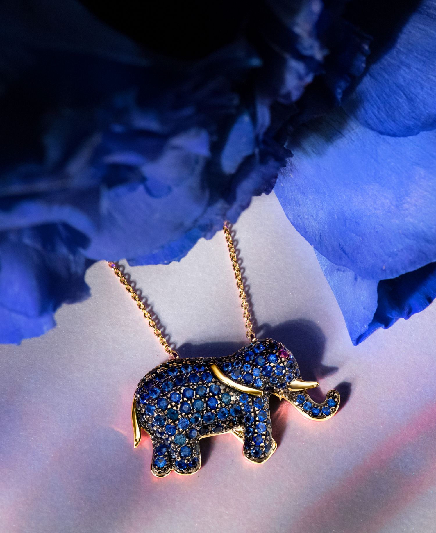 Blueberry Sapphire (1-5/8 ct. t.w.) & Passion Ruby Accent Elephant Pendant Necklace in 14k Gold, 18" + 2" extender