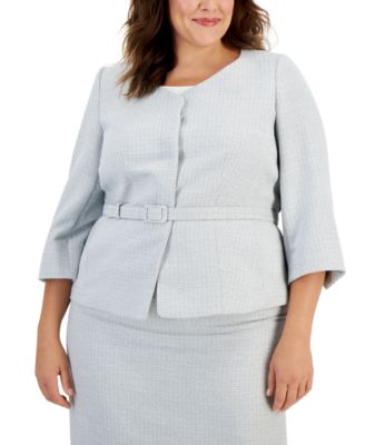 Plus Size Metallic Tweed Belted Jacket & Pencil Skirt Suit Set