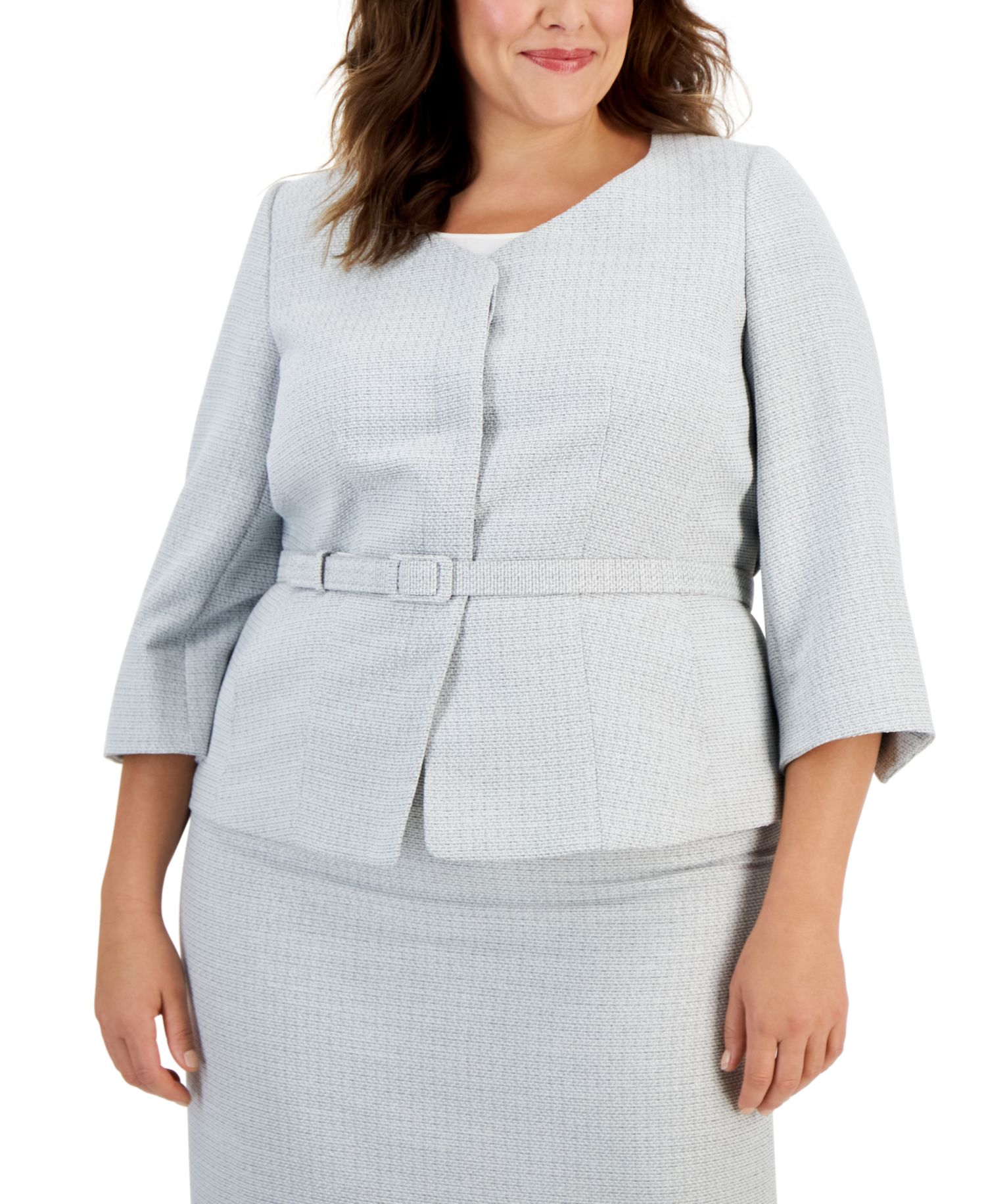 Plus Size Metallic Tweed Belted Jacket & Pencil 2 Piece Skirt Suit