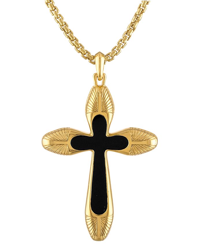 Bulova Men's Icon Black Agate Cross Pendant Necklace in 14k Gold-Plated ...