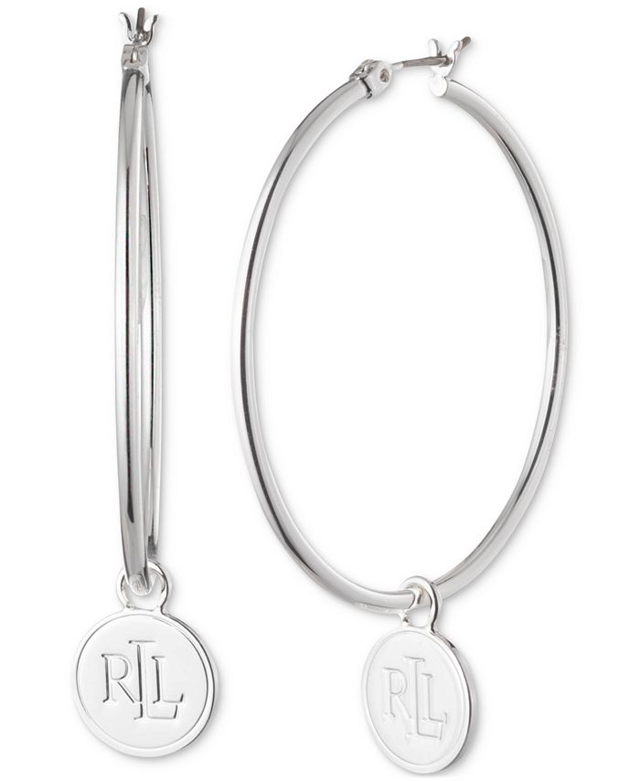 Lauren Ralph Lauren Silver Tone Logo Disc Medium Hoop Earrings