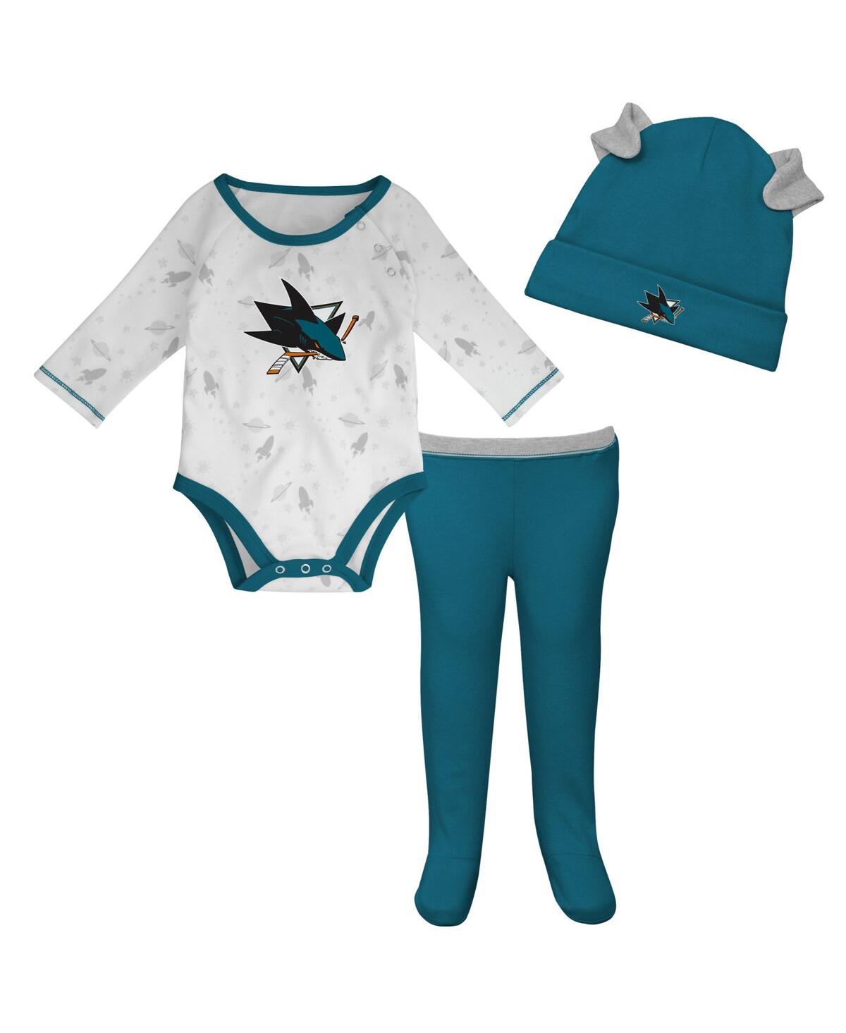 Outerstuff Babies' Newborn And Infant Boys And Girls White, Teal San Jose Sharks Dream Team Hat, Pants And Bodysuit Set In White,teal